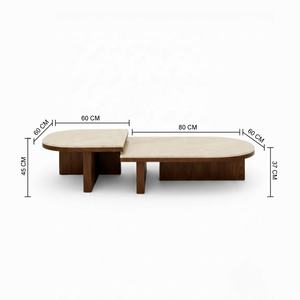 Ensemble de 2 tables basses de style mid-century avec plateau en pierre et base en bois massif pour salon, hôtels, bars, restaurants et villas - Product Image 2