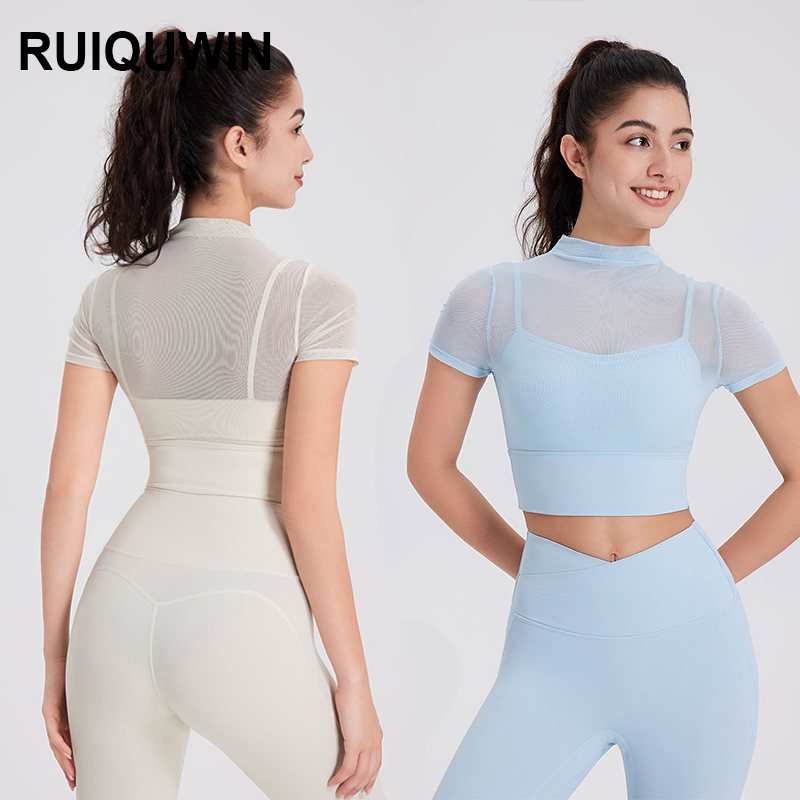 RUIQUWIN New Women Sexy Mesh Yoga Top Short Sleeved Shirts Quick Drying Running Sports Shirts Breathable Yoga Fitness Apparel