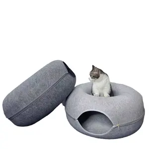 Ayrılabilir güzel yuvarlak keçe ve yıkanabilir antistatik sevimli donut kedi tüneli yatak, kapalı kediler için kedi yatakları