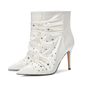 Wedding Styles Women Stiletto Thin Heels Short <b>Boots</b> Big Size 46 Shiny Rhinestones Silk Shoes Wide Fit Ankle White Booties - Product Image 2