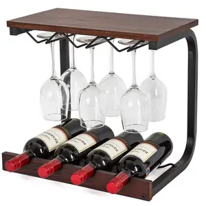 Wine Rack Wall Mounted Metal & Wood Wine Countertop Rack Wine Storage Shelf with 4 Bottle Cages & 6 Long Stem Glass Holder