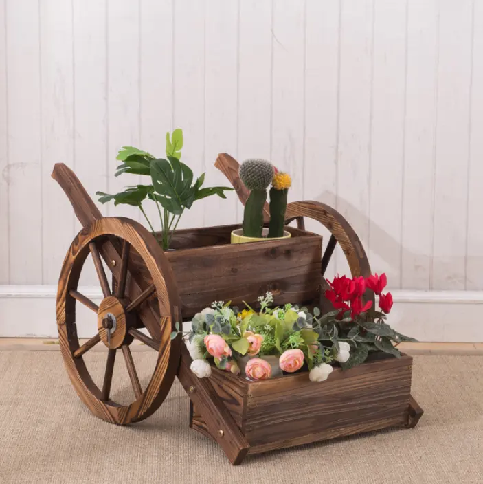 Wooden Flower Planter Wagon Pot Stand Outdoor decoration Rolling Wheels and Handle