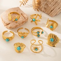 FY Fashion No Fade Bijoux Anneaux En Acier Inoxydable Sports D'été Océan Étoile De Mer Soleil Shell Mer Turquoise Pierre Ouvert Anneau Réglable