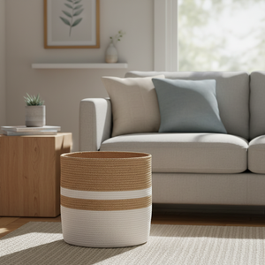 Modern <b>White</b> Cotton Jute Eco-Friendly Flexible Handle Multi-Purpose <b>Storage</b> <b>Basket</b> Circle Shape - Product Image 3