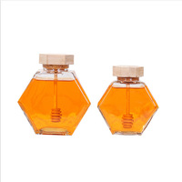 신상품 220ml/380ml 유리 꿀병 육각형 빈병 나무 뚜껑과 유리 꿀 젓는 막대 포함
