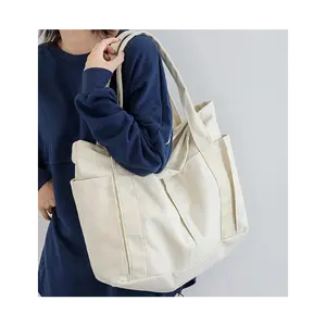 Customized Plain Multi-functional Wide Strap Compartments Shoulder Bag Tote Shopping Bag Student Women Canvas Handbag