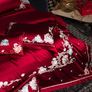 Parure de <span class=keywords><strong>lit</strong></span> haut de gamme en coton 140S brodé motif végétal 300 fils/cm², drap-<span class=keywords><strong>housse</strong></span> King Size rouge, linge de maison, taie d'oreiller - Product Image 5