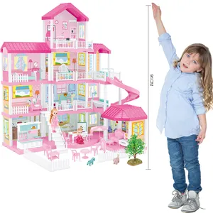 Huiye 2023 rumah boneka, mainan merah muda bahan plastik mode anak-anak rumah bermain mainan anak perempuan DIY rumah boneka bermain set