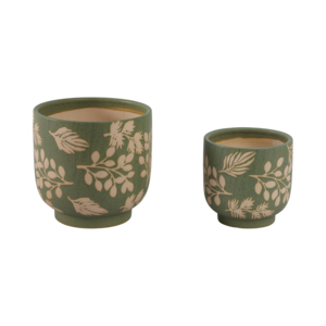 Set di due vasi in gres con motivo a foglie verdi per uso interno ed esterno - Product Image 1