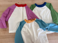 Vente en gros de vêtements pour enfants T-shirt à blocs de couleurs raglan T-shirts basiques à manches longues pour bébés printemps et été