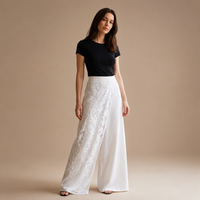 Pantalon large pour femme, blanc, avec superposition de dentelle florale, taille haute, élégant, pour les vacances, étiquettes personnalisées OEM, vente en gros
