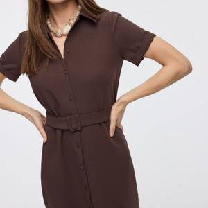 Robe longue décontractée vintage en tricot, chemise boutonnée à manches courtes avec doublure pour un usage quotidien, style doux - Product Image 2