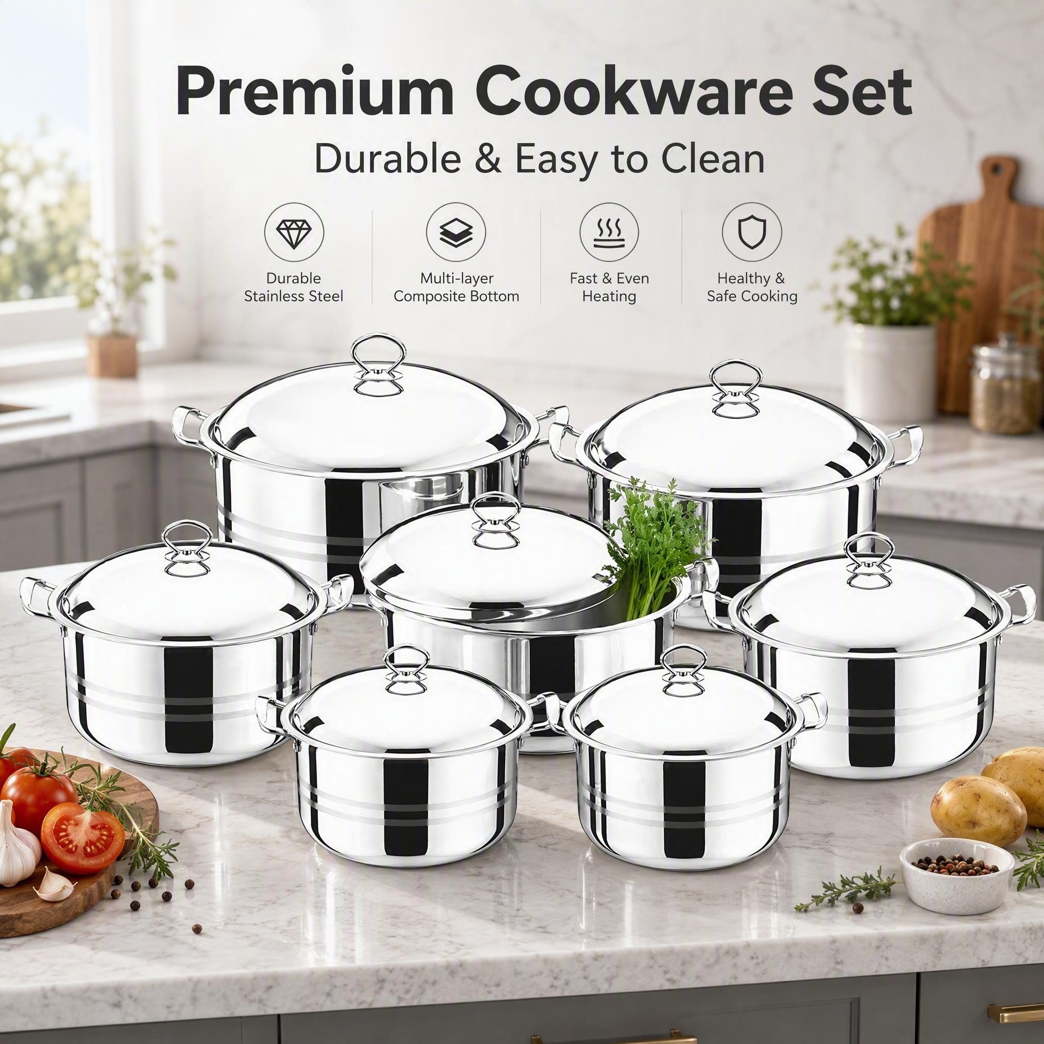 Wholesale Stainless Steel Compound Bottom Big Edge Pot Set 3Pcs 5Pcs 7Pcs, Double Handle Stock Pot With SS Lid, OEM Cookware Set