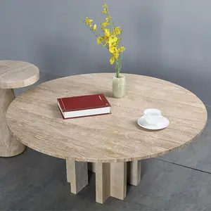 HZX meja kopi marmer bulat Modern, desain baru 2024 furnitur meja kopi Travertine