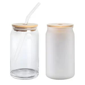 USA WAREHOUSE RTS stocked 12oz 16oz 25oz Clear Frosted Soda Pop Shaped Sublimation Beer Jar Glass Can cup Glass with Straw Lid
