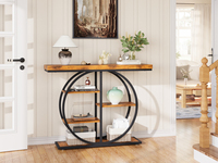 Console d'entrée rustique à rangement ouvert pour salon, table étroite avec plateau en bois massif et cadre circulaire en métal, pour hall d'entrée, derrière le canapé, entrée de maison
