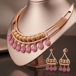 925 <b>Silver</b> Italian Rose Gold Pink Stone <b>Choker</b> Necklace Set Designer Fashion Jewelry for Women and Girls - Product Image 4