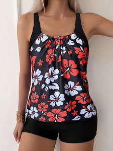 Nouveau maillot de bain deux pièces pour <span class=keywords><strong>femme</strong></span>, <span class=keywords><strong>tankini</strong></span> <span class=keywords><strong>amincissant</strong></span> sans manches, imprimé floral, col rond, short boxer en mousseline, sans armatures - Product Image 5