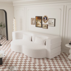 Modern Beige Floor <b>Sofa</b> Teddy Fabric Sponge-Filled Pillows Convertible 15" Full Size Folding Sleeper <b>Bed</b> Living Room - Product Image 5