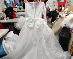 Vestido de Novia de Tul Blanco Puro con Manga Larga, Cuello Redondo y Apliques de Encaje, Estilo Princesa con Cola Larga, Moda Primavera 2024 - Product Image 3