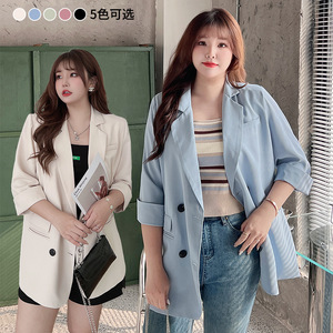Blazer d'été pour femmes Runqi, taille plus, couleur beige unie, coupe légèrement ample, veste à double boutonnage, vêtements décontractés - Product Image 3