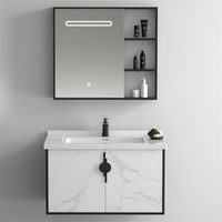 Miroir de salle de bain rectangulaire en PVC noir mat avec éclairage LED mural design moderne, comptoir en chêne, lavabo facile à nettoyer