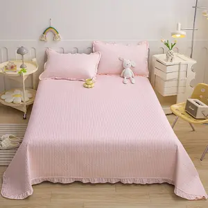 粉色水洗棉绗缝被子床单床罩舒适三件套床罩
