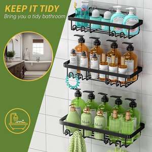 Étagère de douche murale robuste, 24 pouces de large, à un seul niveau, en métal, avec crochets pour salle de bain - Product Image 4