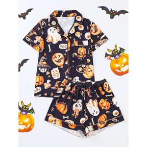 Set pigiama di Halloween per adulti, due pezzi, camicia con bottoni, pantaloncini, stampa zucca, fantasma, pipistrello, abbigliamento da notte, cosplay - Product Image 5