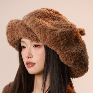 <b>Teddy</b> Fleece Beret For <b>Women</b> Brown Winter Warm Hat With Thickened Fabric And Octagonal Design For Fashionable Look - Product Image 4