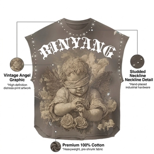 Camiseta Corta sin Mangas Personalizada 100% Algodón Grueso con Gráfico de Ángel Vintage, Estampado en Serigrafía, Estilo <span class=keywords><strong>Grunge</strong></span> Urbano con Tachuelas - Product Image 1