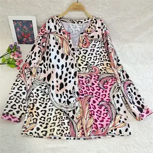 Leopard Print Blouse Plus Size Sexy Elegant Women Indian V Neck Long Sleeves Blouse