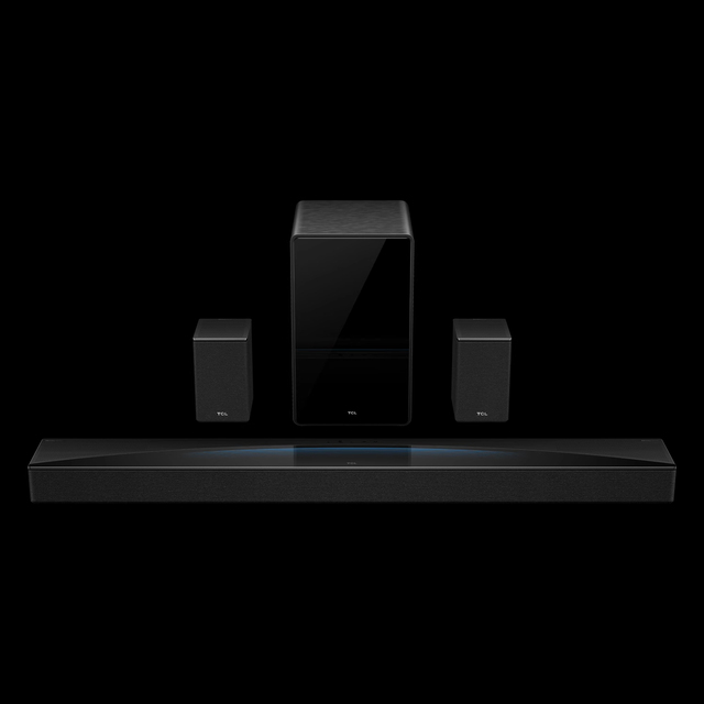 Original TCL Q85HPro 7.1.4 soundbar set with T-chord subwoofer and soundbar, total power 860W for home theater.