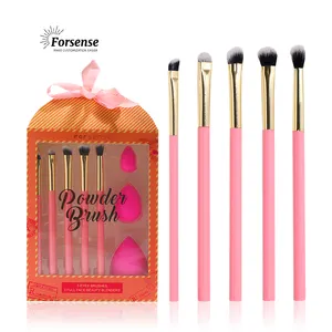 Juego de brochas de maquillaje y esponja cónica rosa con logotipo personalizado, juego de brochas para sombra de ojos sintética, kit de brochas para difuminar