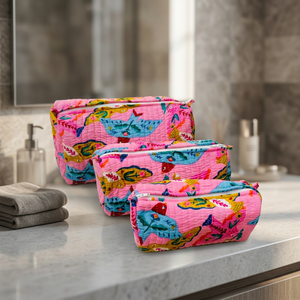 Juego de Bolsas Cosméticas de Algodón Acolchado con Estampado a Mano Indio, Estampado de Pájaros Rosa Brillante, Bolsa de Maquillaje al por Mayor - Product Image 3