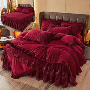 Couette draps et jupe ensemble de lit maison pleine taille dentelle velours broderie ensemble de literie couvre-lit couverture de lit