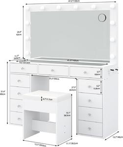 Table de maquillage professionnelle blanche à 11 tiroirs avec miroir é<span class=keywords><strong>clair</strong></span>é par LED et plateau en verre transparent, et tabouret - Product Image 2