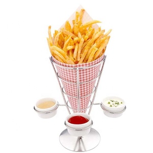 Fry e antipasto cono display con tripla di tazza di salsa di titolari Perfetto <span class=keywords><strong>per</strong></span> il partito e della ristorazione evento-in Acciaio Inox metallo stand - Product Image 1