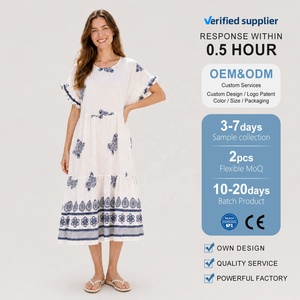Abito lungo da <span class=keywords><strong>donna</strong></span> boho ricamato con maniche corte a sbuffo, scollo a V, orlo a balze a strati, in cotone e <span class=keywords><strong>lino</strong></span>, casual estivo da spiaggia, ODM - Product Image 5