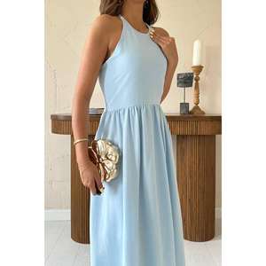 Robe décontractée en lin bleu ciel pour bébé avec garniture au dos, vente en gros - Product Image 3