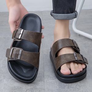 2026 Latest Genuine <b>Leather</b> Soft Outsole Wholesale Custom Factory Direct Flat Slides <b>Slippers</b> Home Outdoor for <b>Men</b> - Product Image 2