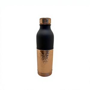 Premium Matte Black Pure Copper Water Bottle with Hand-Hammered Base Two-Tone Copper Flask Tapered Sports Bottle with Ridged Lid - Product Image 1