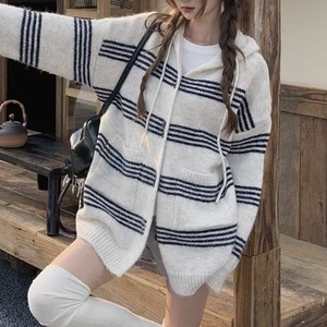 Cárdigan de punto con capucha a rayas, blanco, azul, gris, rojo, grosor estándar, fibra acrílica, suéter para mujer, top oversize, holgado, informal - Product Image 3