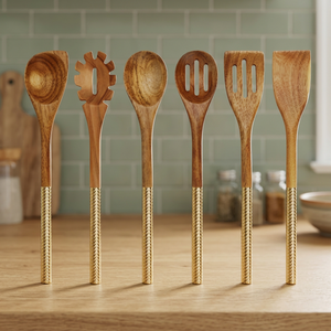 Juego de 6 utensilios de cocina de madera con mangos dorados - Product Image 4
