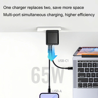 Cargador de Teléfono Personalizado PD 65W GaN de Carga Rápida con Enchufe Estadounidense, Certificado ETL, Adaptador de Corriente Portátil USB-A+C Multidispositivo para Cámara