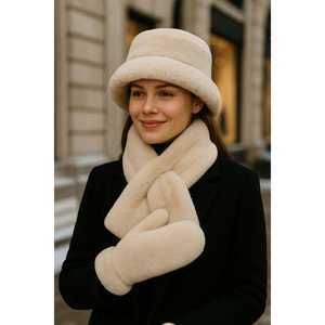 Women's Black Winter 3-Piece Fur <b>Set</b> (<b>Hat</b> <b>Scarf</b> <b>Gloves</b>)-SET04 - Product Image 1