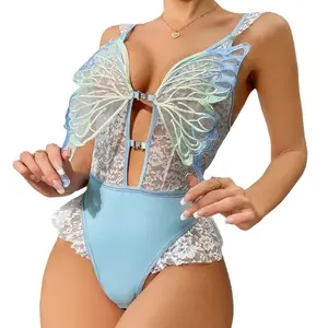 Damen sexy blumenspitzen Streifen-Gehäuseanzug modisch Einteilig Strampler Dessous erotische enge Stickerei Kombinations-Catsuit