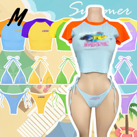Eigen Merk Op Maat Gemaakte Bikini Badmode Strandkleding Hoge Kwaliteit Dubbellaags Zwemkleding Dames String Bikini Pak Tshirt 3 Delige Set