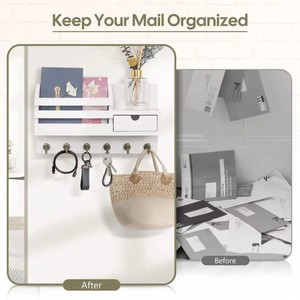 Wood Grain Wall Mounted Key Rack With <b>Hooks</b> Entryway Storage Organizer For Home Mail And Keys - Product Image 1