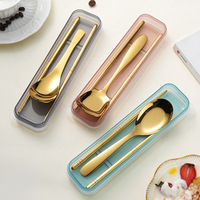 Ensemble de couverts portables en acier inoxydable 304 pour enfants, deux pièces, cuillère et baguettes, finition miroir, emballage en boîte transparente
